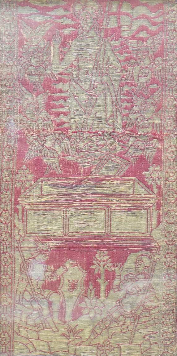 A late 15th century Florentine red silk and gold brocade Lampas, a single repeat designed within a classical setting, being part of an Orphrey depicting the Resurrection, 43.5cm long x 22cm wide, with later frame. Please